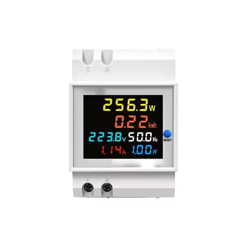 DIN rail multifunction meter with color display showing V A W kWh PF
