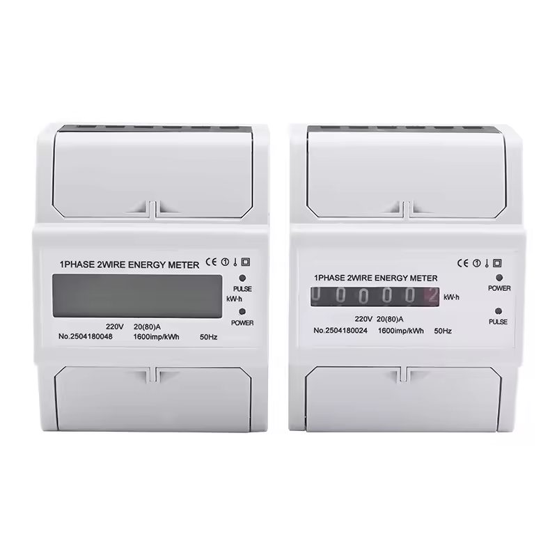Two DIN rail single-phase meters, LCD and mechanical register versions